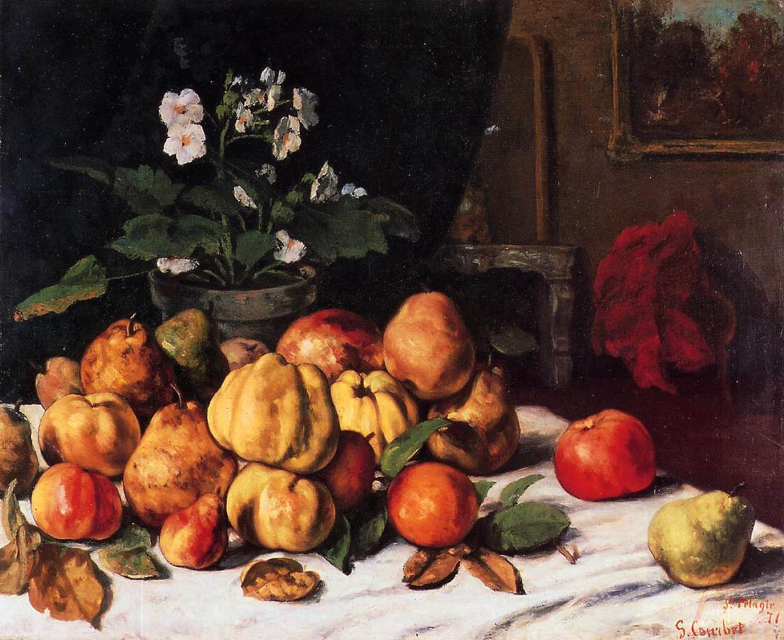 Натюрморт. Яблоки, груши и цветы на столе. Сент-Пелажи. Курбе